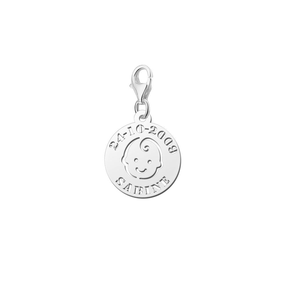 Silber Baby Kopf Charm mit Namen und Datum