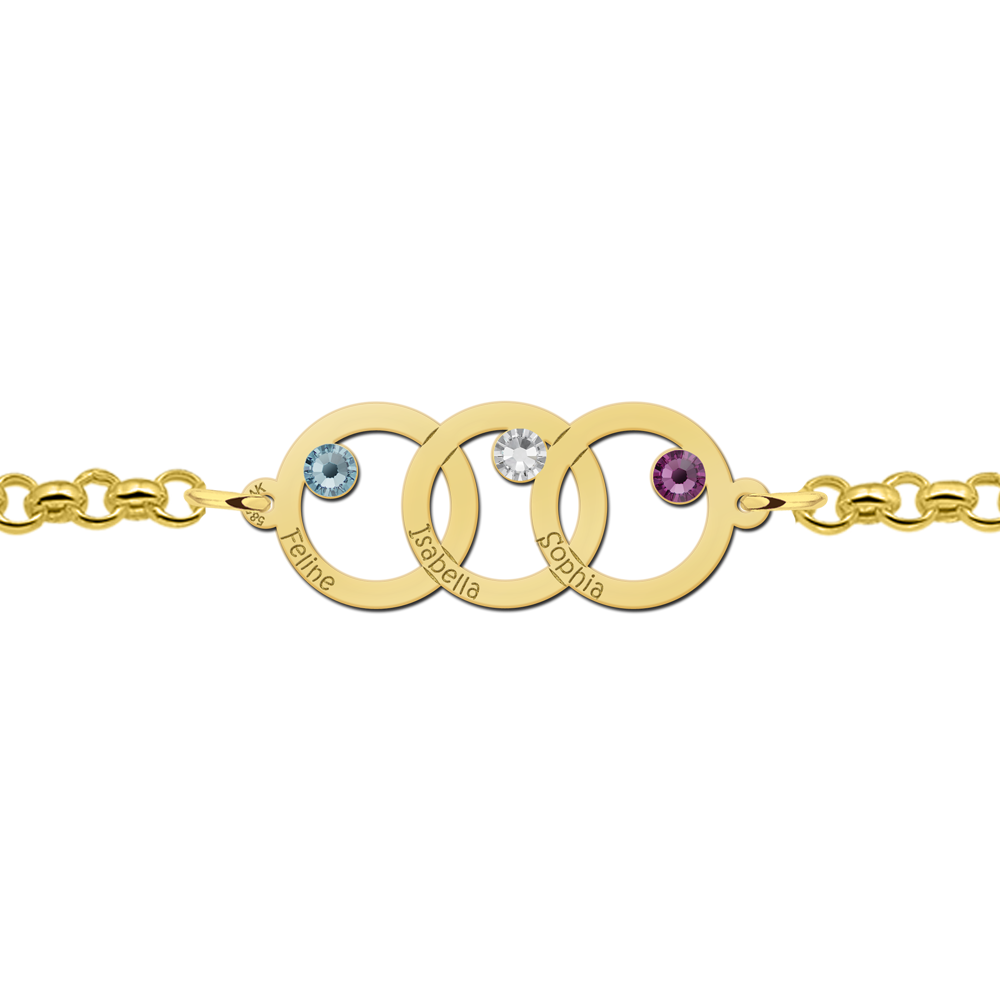 Goldenes Mutter-Tochter-Armband mit drei Kreisen und Geburtssteinen