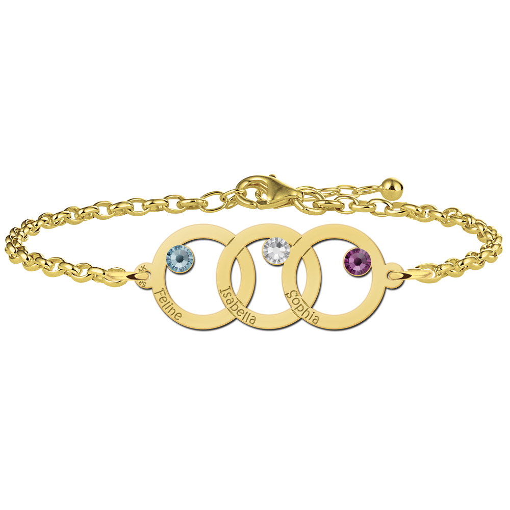 Mutter-Tochter-Armband Gold 3 Kreisen und Geburtssteinen