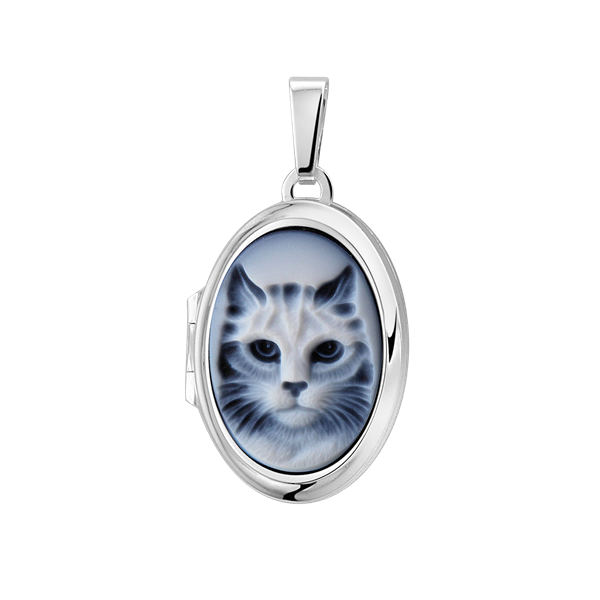Ovales Medaillon in Silber mit blauem Cameo "Katze"