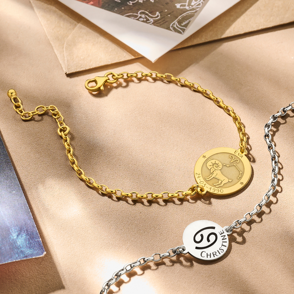 Vergoldetes ovales Sternzeichen Armband Widder mit Name und Datum