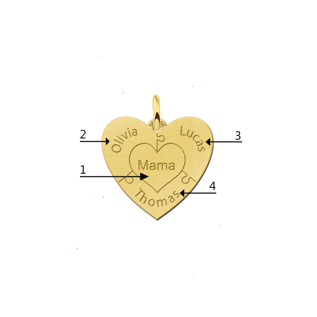 Herz-Anhänger Puzzle aus 14 Karat Gold – 3–6 Namen