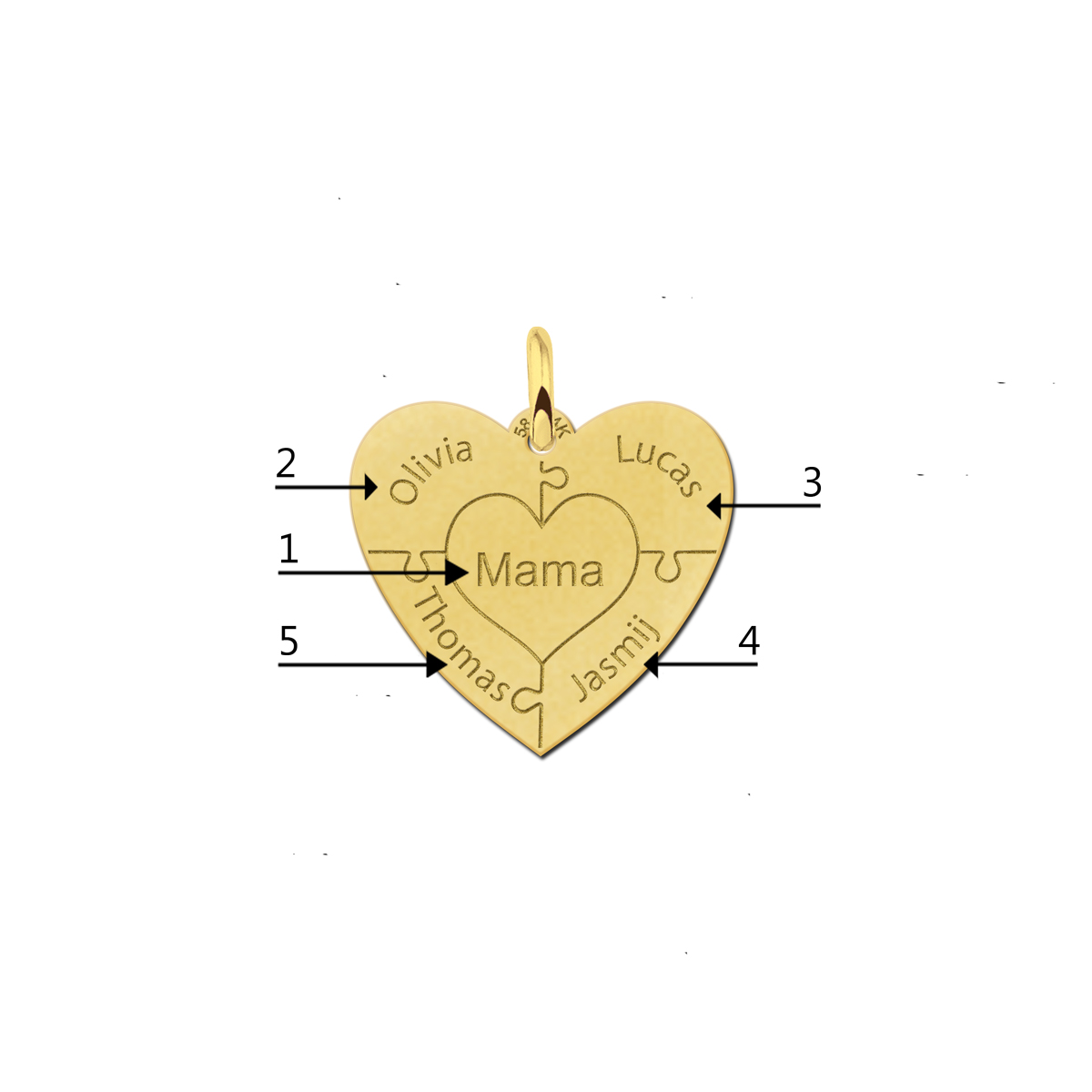 Herz-Anhänger Puzzle aus 14 Karat Gold – 3–6 Namen
