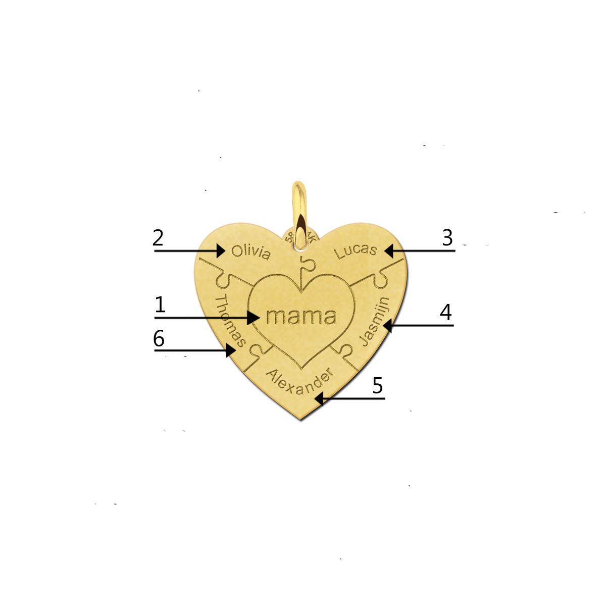 Herz-Anhänger Puzzle aus 14 Karat Gold – 3–6 Namen