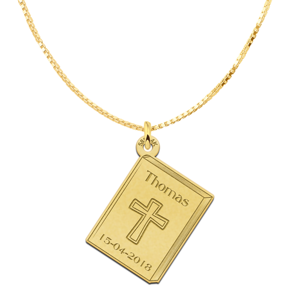 Goldener Kommunion Anhänger mit Kreuz und Gravur