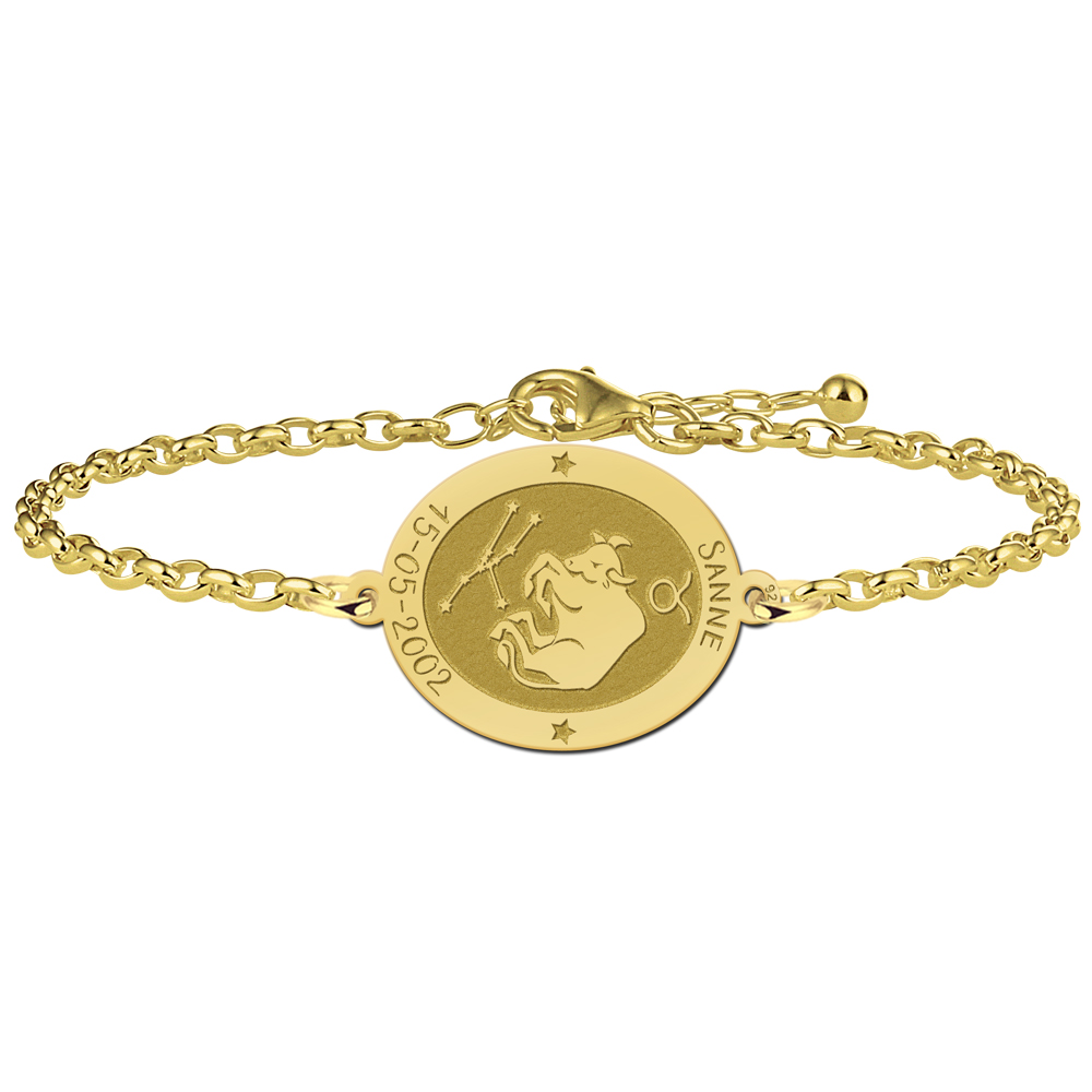 Vergoldetes ovales Sternzeichen Armband Stier mit Name und Datum