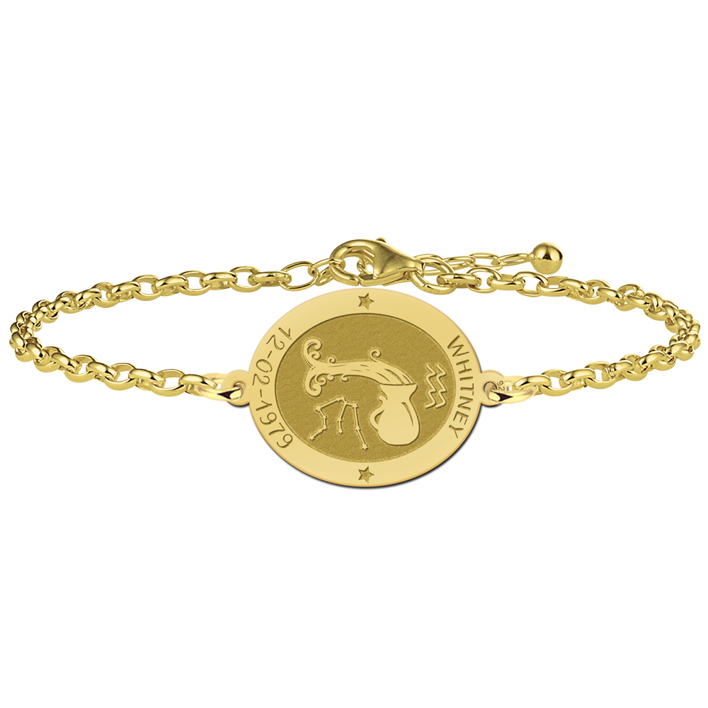 Vergoldetes ovales Sternzeichen Armband Wassermann mit Name und Datum