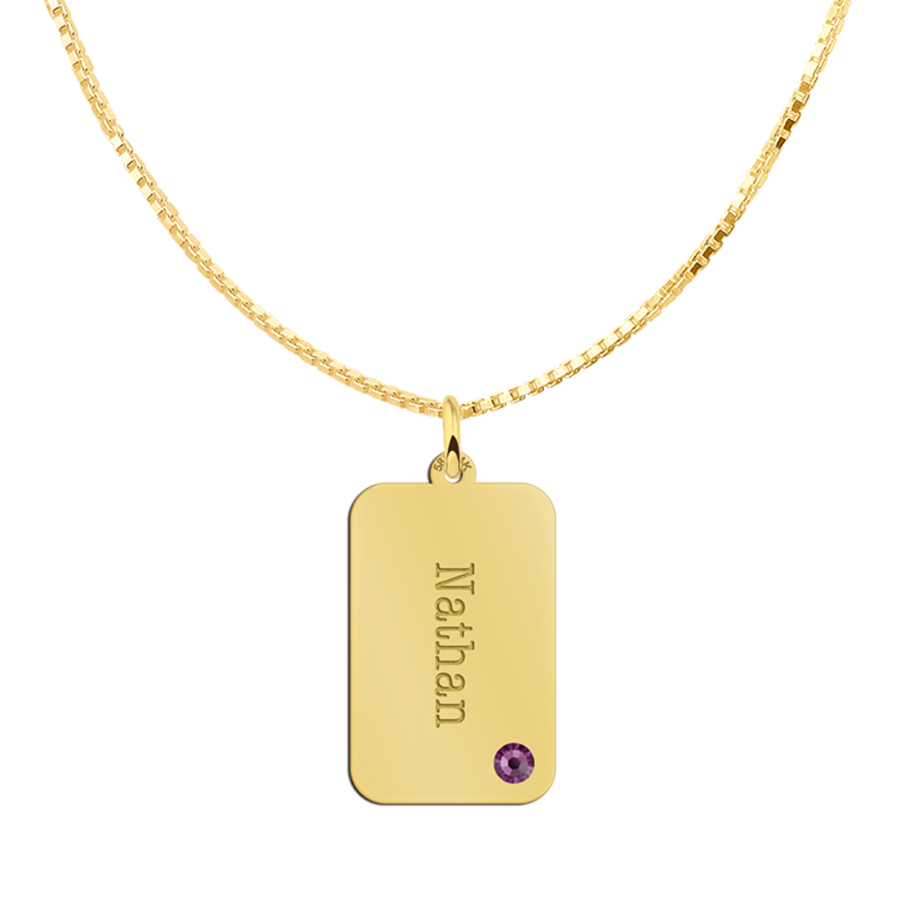 Goldener rechteckiger Anhänger mit Namensgravur und Geburtsstein