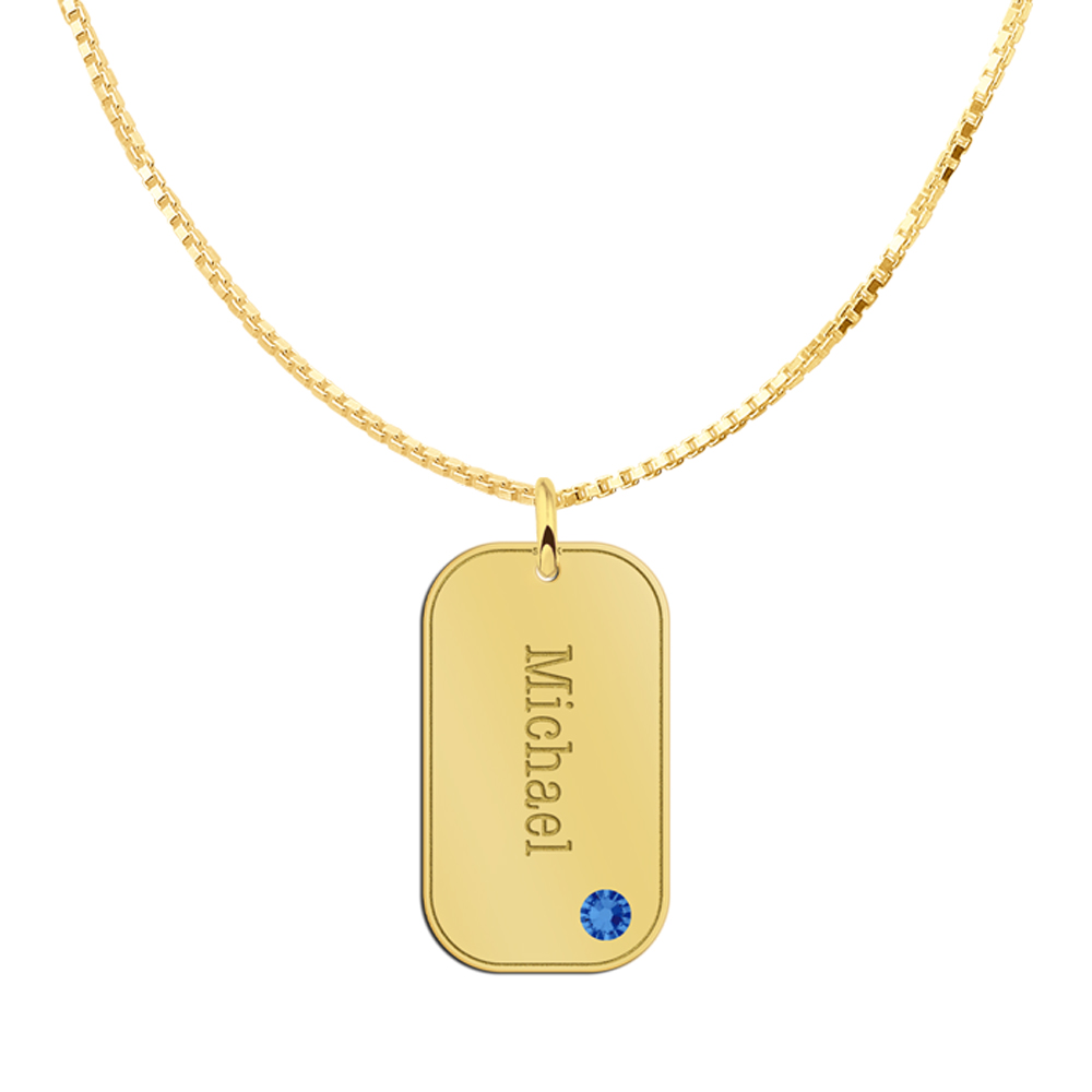 Goldener rechteckiger Anhänger mit Namensgravur und Geburtsstein