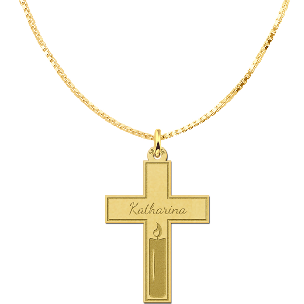 Goldenes Kommunion-Kreuz mit Gravur und ausgeschnitte Kerze
