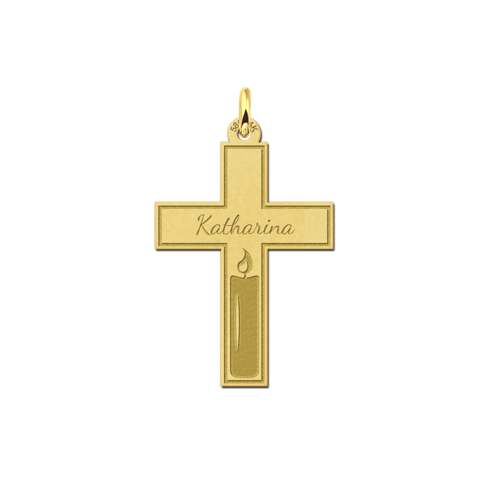 Goldenes Kommunion-Kreuz mit Gravur und ausgeschnitte Kerze