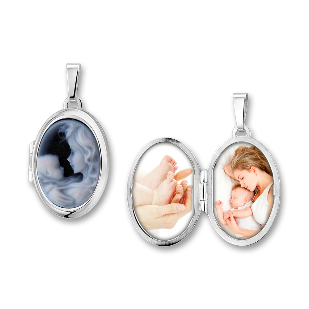 Ovales Medaillon in Silber mit blauem Cameo "Mutter und Kind"