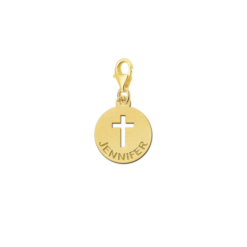 Goldener Charm mit Kreuz und Namen