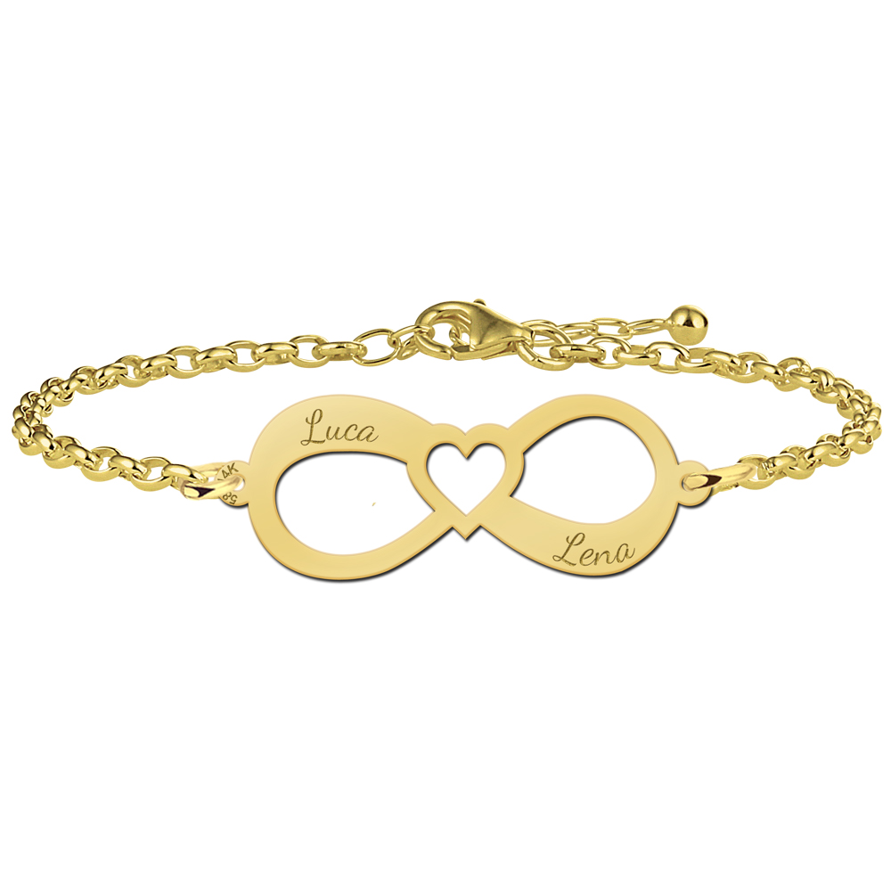 Goldenes Infinity Armband mit zwei Namen und einem Herz
