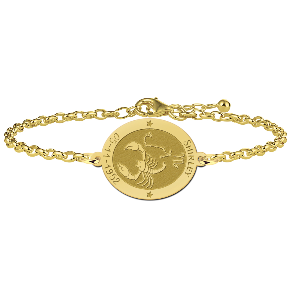 Vergoldetes ovales Sternzeichen Armband Skorpion mit Name und Datum