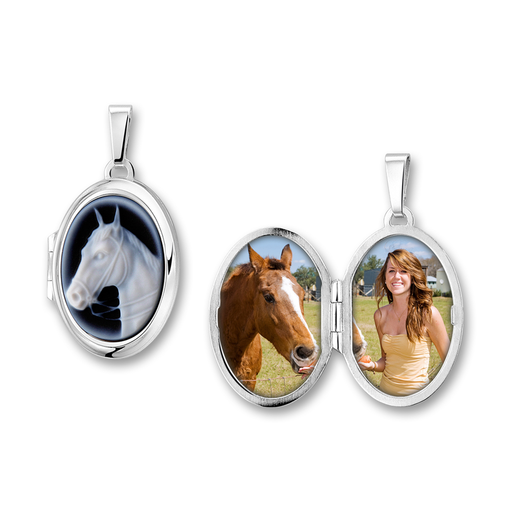 Ovales Medaillon in Silber mit blauem Cameo "Pferd"