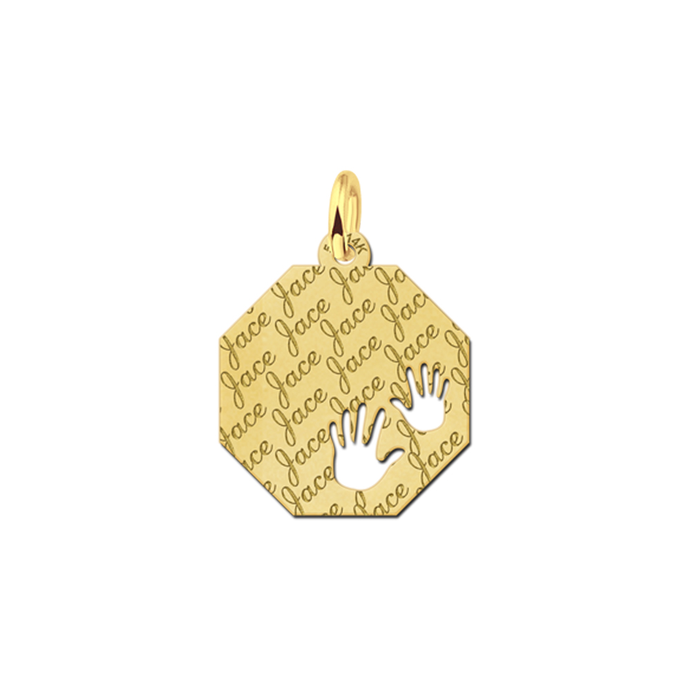 Eckiger Kettenanhänger aus Gold mit gravierten Namen und Händchen