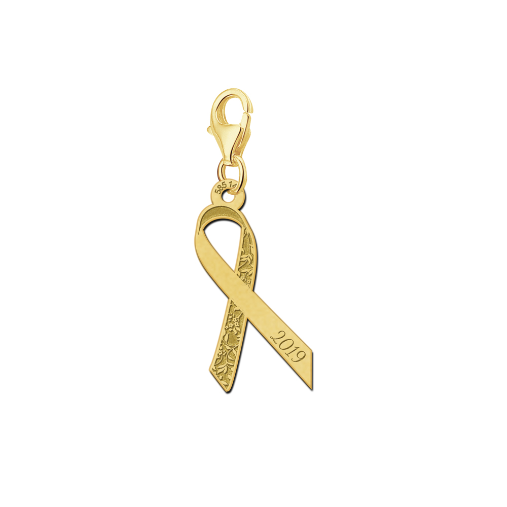 Goldener Pink Ribbon Anhänger mit Blumen und Gravur