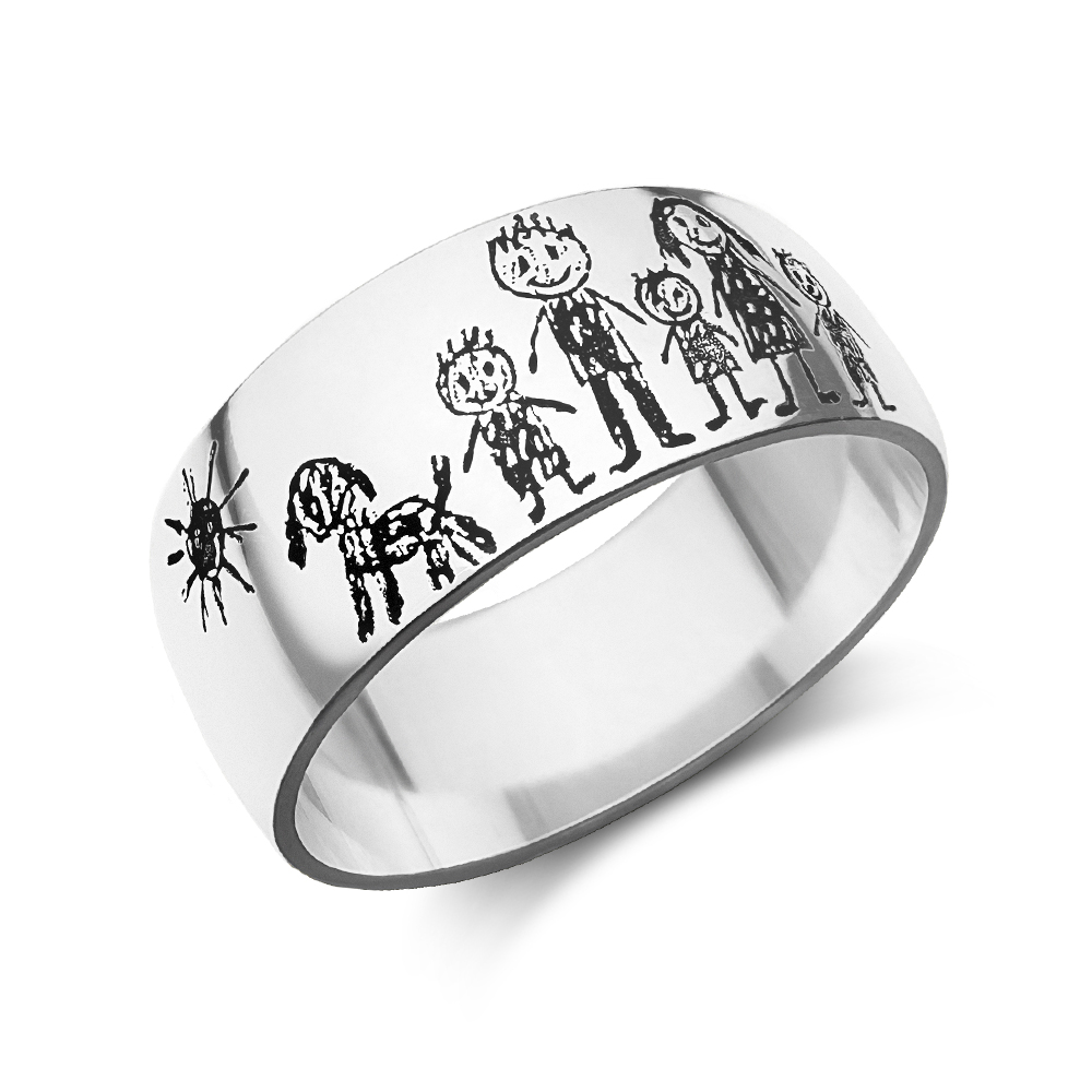 Silberner gewölbter Ring mit Kinderzeichnung – Personalisiertes Schmuckstück mit Gravur der Zeichnung Ihres Kindes